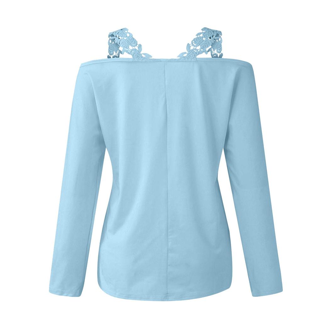Damen-T-Shirts mit kalter Schulter, modisch, lässig, Spitze, Langarm, V-Ausschnitt, lockere Passform, Tunika, T-Shirt, sexy Blusen