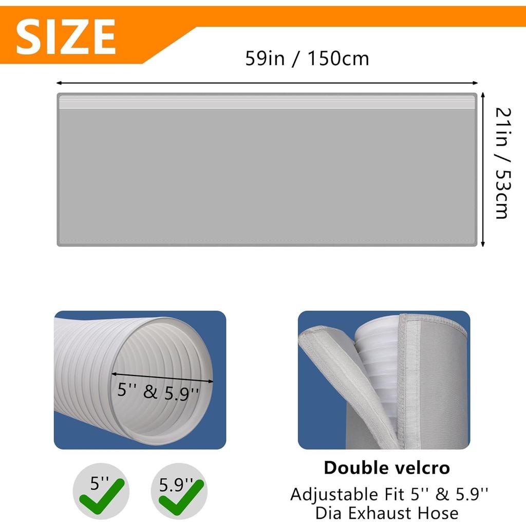 Benasan Portable AC Hose Insulation Sleeve, Polyvinyl Chloride, Light Gray, Fits 5-5.9" Diameter Exhaust Hose, Easy Installation, Protective Cover