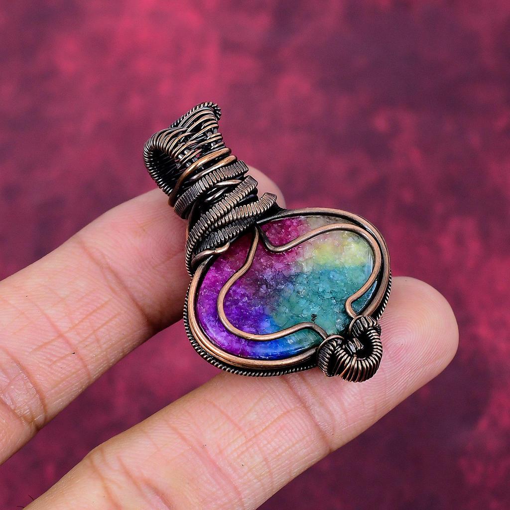 Regenbogen-Solarquarz-Druse Anhänger Kupferdraht umwickelt Regenbogenmondstein Schmuck