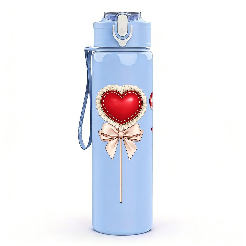 1PC Plaid Ribbon Heart Ornament Print 750ml Color Plastic Sports Water Bottle Leakproof Flip Straw Lid Suitable for Sports Office Home Use