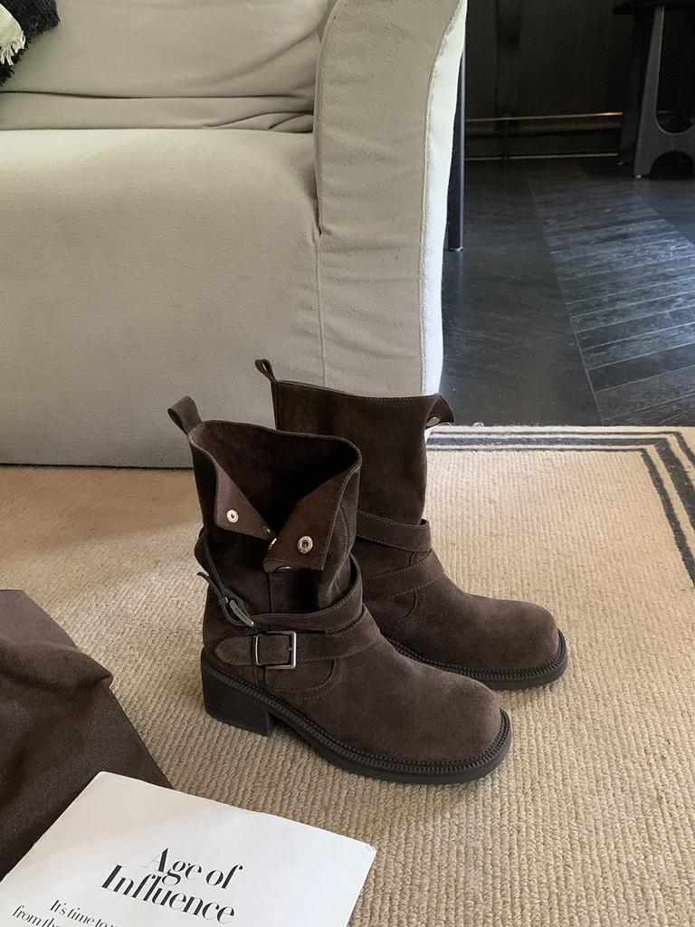 Leather version~ Height increased 6cm Maillard boots thick heel thick sole Martin boots women's buckle strap cow velvet short knight boots