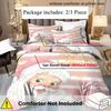 Christmas Santa Claus Duvet Cover Set - Cute Pink And White Stripe Bedding With Golden Merry Christmas Print - Soft Polyester