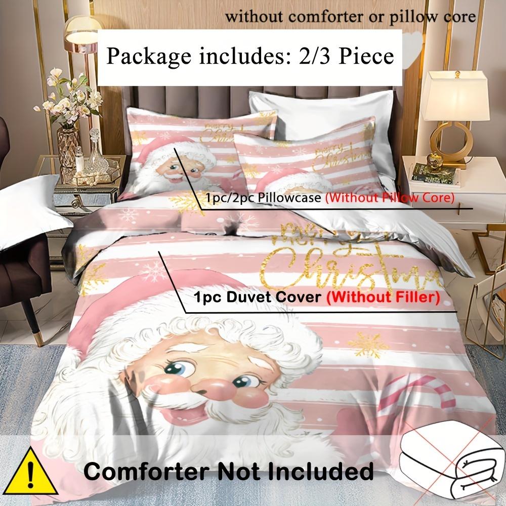 Christmas Santa Claus Duvet Cover Set - Cute Pink And White Stripe Bedding With Golden Merry Christmas Print - Soft Polyester