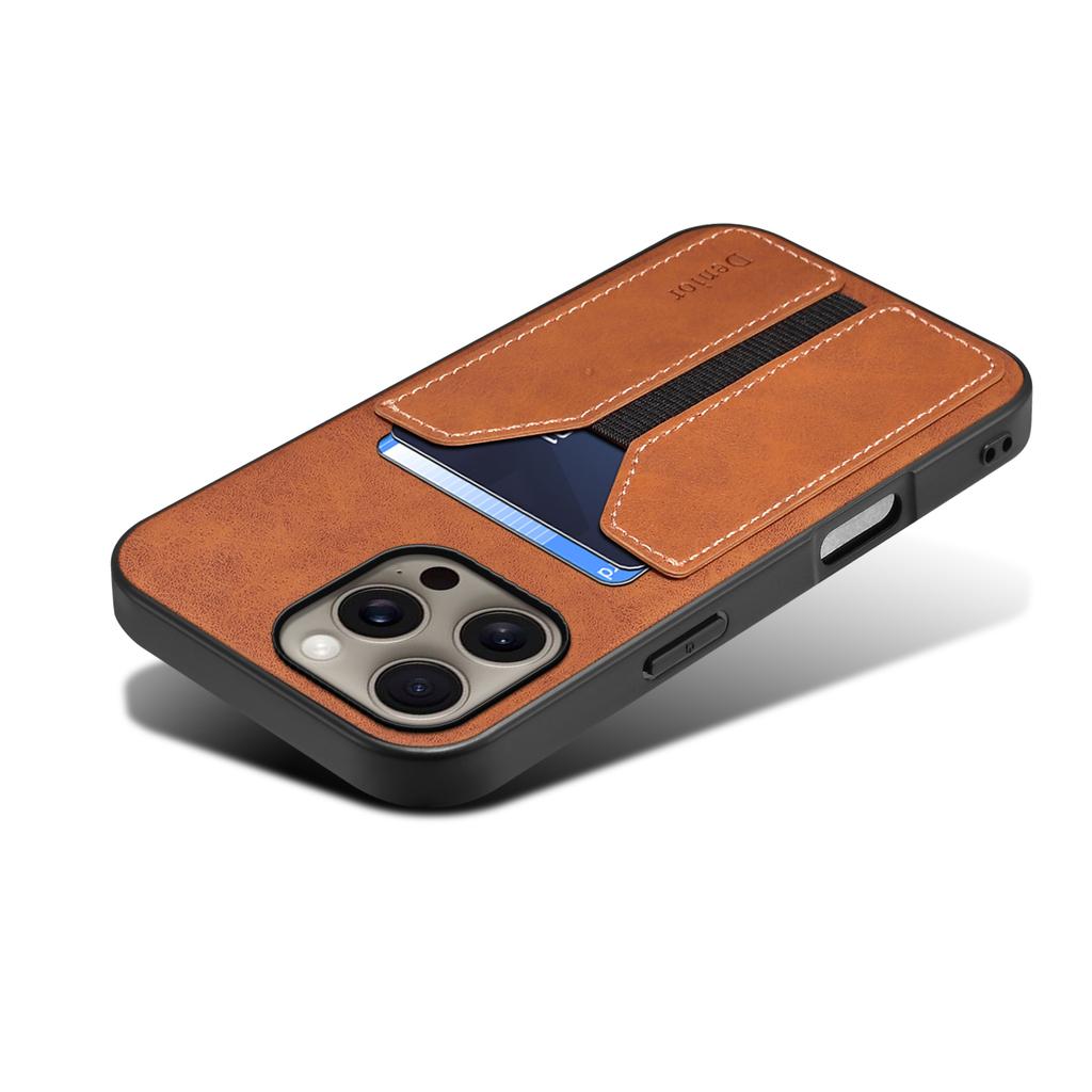 DENIOR For iPhone 16 Pro Case Elastic Card Holder PU Leather+TPU+PC Phone Cover
