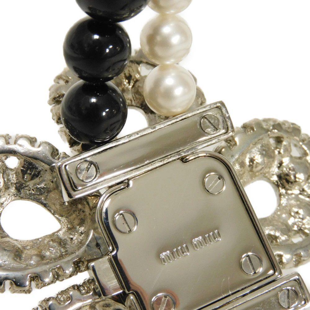 Used 12166 Crystal Pearl Flower 5AJL05 7984 Beaded Black Clear Silver Double Push Lock Logo White Women's from Japan