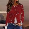 Women's Fashion Casual Slit Hem Round Neck Long Sleeve Loose Christmas Printed T-Shirt Ladies Top