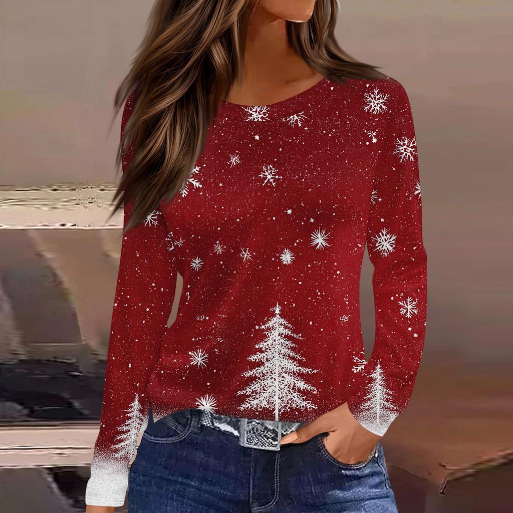 Women's Fashion Casual Slit Hem Round Neck Long Sleeve Loose Christmas Printed T-Shirt Ladies Top