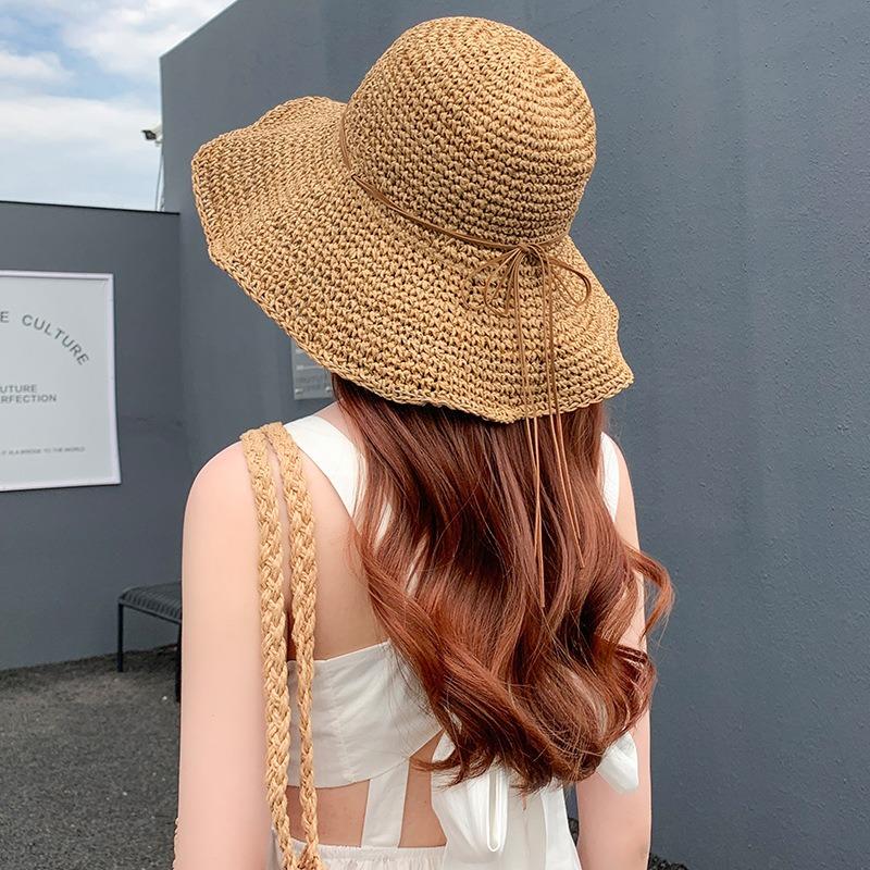 Foldable handmade large edge straw hat women's summer versatile small fresh seaside beach summer sun protection hat