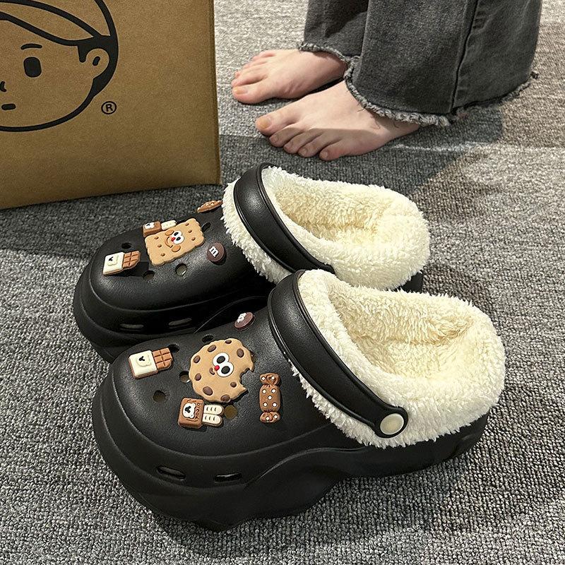New velvet hole shoes women's winter non-slip outer wear cotton shoes heightened thick-soled home removable cotton slippers