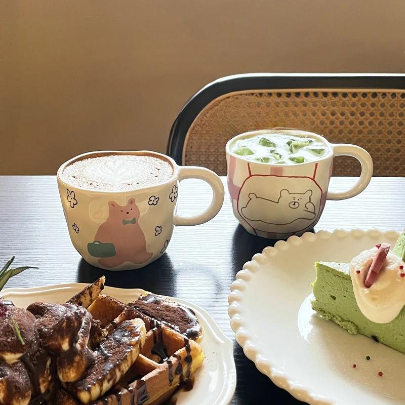 Creative Cute Bear Pattern Ceramic Mugs with Handle Hand Pinched Irregular Coffee Cups Handmade Breakfast Milk Oatmeal Tea Cup