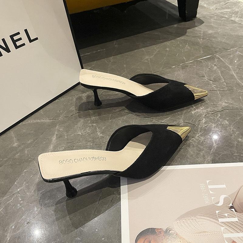 Fashion Cover Toe Thin Heels Shoes Mules For Women 2025 Slippers Flat Shallow Slides Pointed High Pumps Cover Toe Shallow Flat Shoes Fem