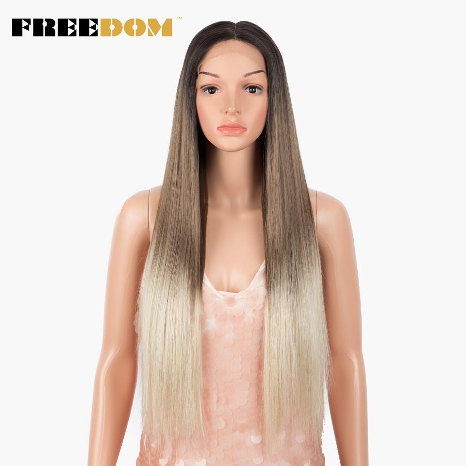 FREEDOM Long Straight Synthetic Lace Front Wigs For Women 30 Inch Ombre Blue Blonde Lace Wig Easy Wear Cosplay Wig