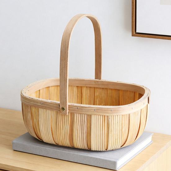 Reinforced Handle Organizer Handmade Woven Wood Storage Basket, Oval with Handle, Portable Food Serving Tray Large Capacity Bin for Kitchen