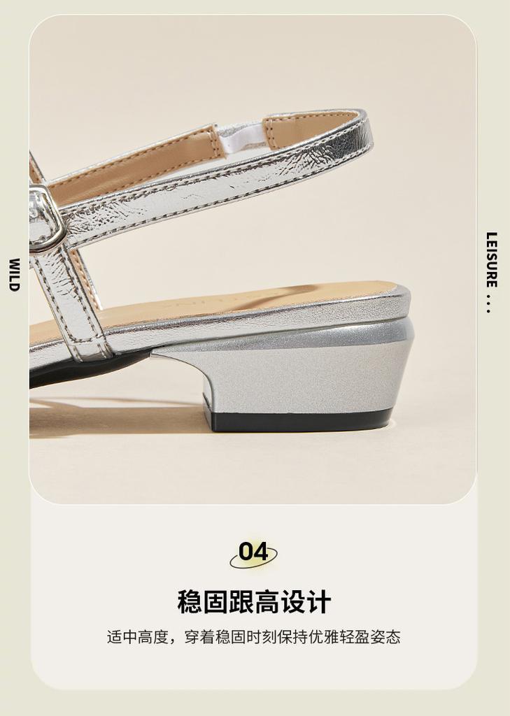 Light luxury wind back empty sandals for women with rhinestone square buckle, pointed toe, low heel, Mary Jane straight strap sandals