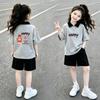 Girls' Cotton Patchwork Short-Sleeve Polo Two-Piece Set - Casual Summer Wear for Medium & Large Children