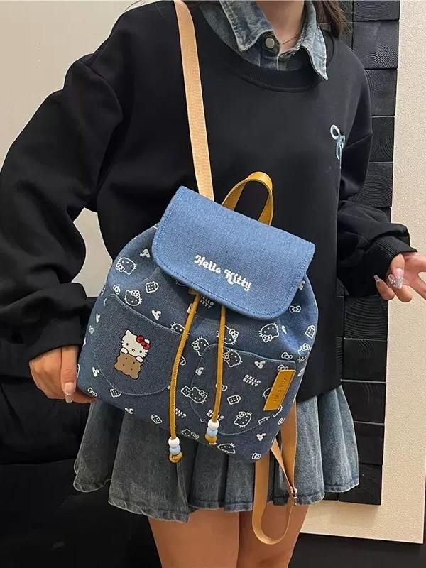 Hello Kitty Kids Backpack With Denim Fabric And Cartoon Design For Daily Use