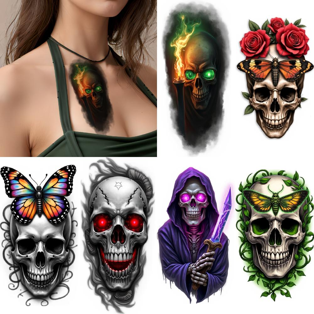 3pcs Temporary Tattoo Colorful Realism Roses And Butterfly Skull Butterfly Head Skull Star Marked Skull For Arms Thighs Men
