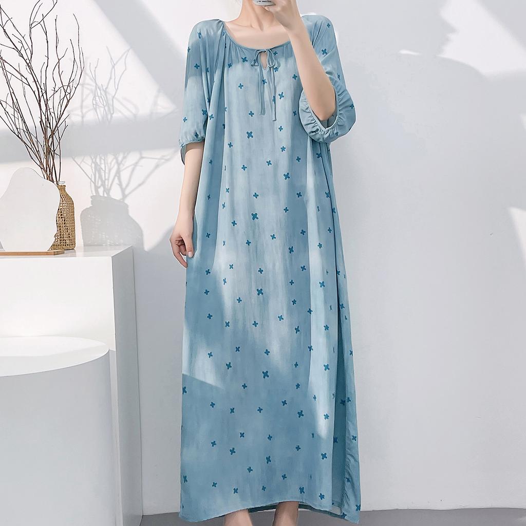 1011 new cotton and silk nightdress women's summer short-sleeved pajamas cartoon pony element long loose cotton silk skirt can be worn outside