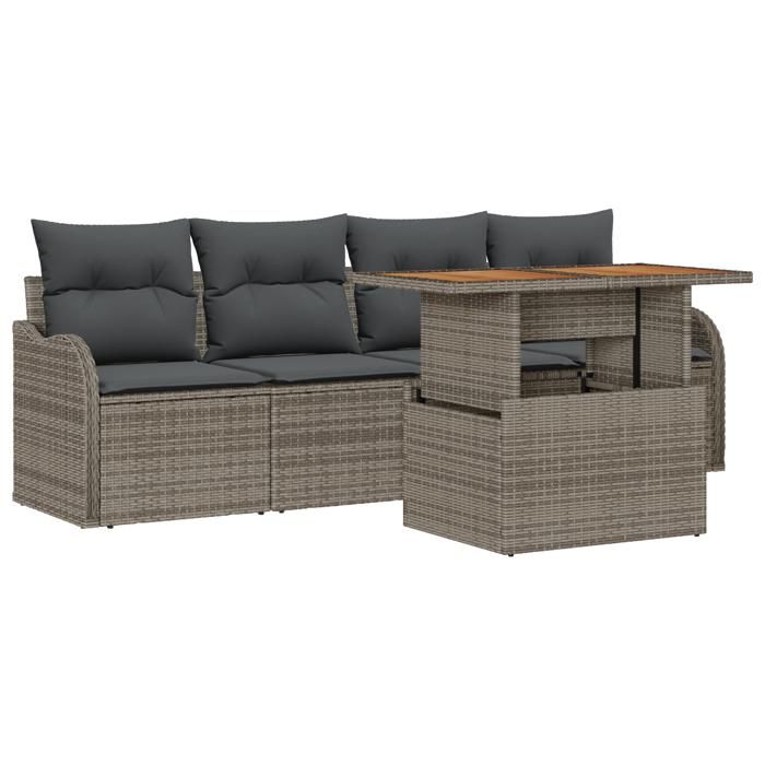VidaXL Ensemble de Canapés de Jardin de 5 Pièces avec Coussins Gris Rattan Poly Acacia 3349390