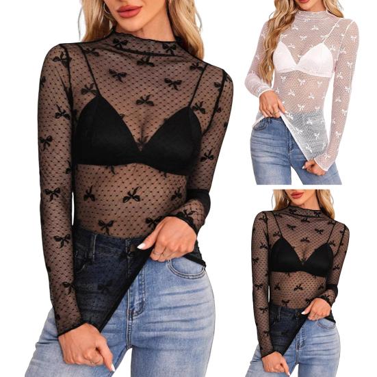 Dámské spodní topy s polovičním vysokým límcem a dlouhým rukávem, průhledné krajkové topy, halenka se vzorem výšivky a mašle pro každodenní nošení