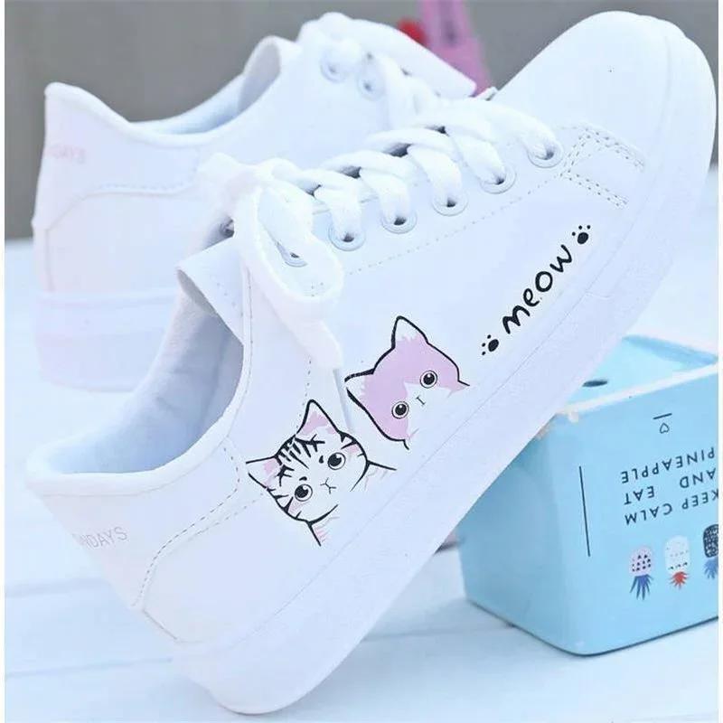 2024 New Arrival Fashion Lace-up Women Sneakers Women Casual Shoes Printed summer Women Pu Shoes Cute Cat Shoes