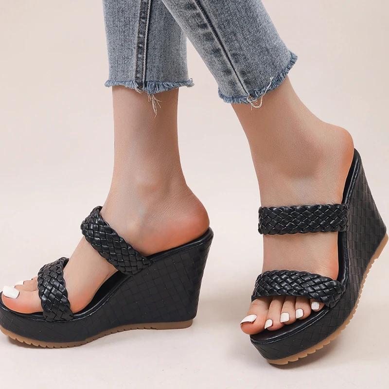 Fashion Women's Retro Thick Bottom High Heel Sandals Woven Patent Leather Wedge Sandal Female Office Ladies Non Slip Black Slides Mujer