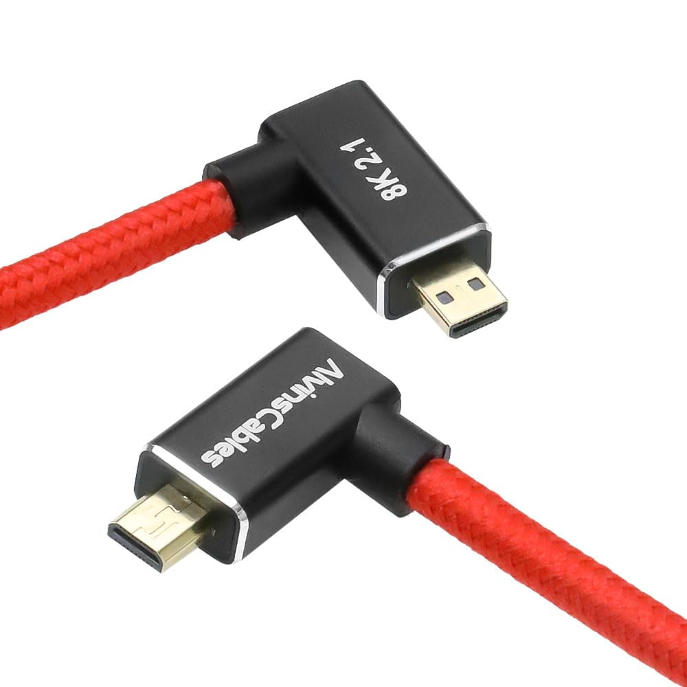 Alvin's Cables 8K 2.1 Micro-HDMI to Full HDMI Braided Coil Cable 48Gbps 8K@60Hz 4K@120Hz 240Hz for Canon R5C/R5/R6, Atomos Ninja-V, Red, Left L