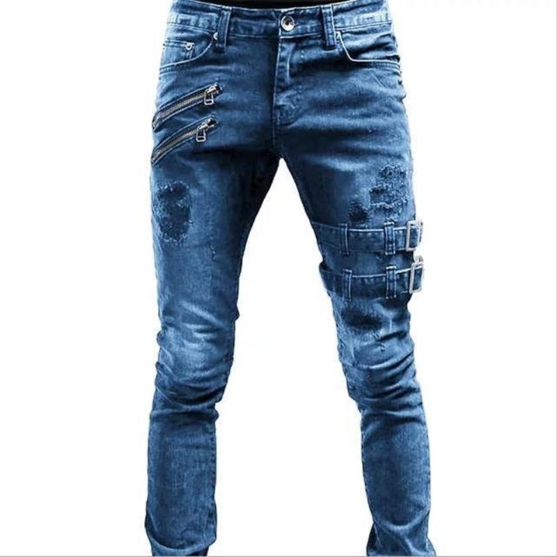 

Men s Biker-Style Distressed Denim Trousers with Stretch and Slim Fit XXXL синій
