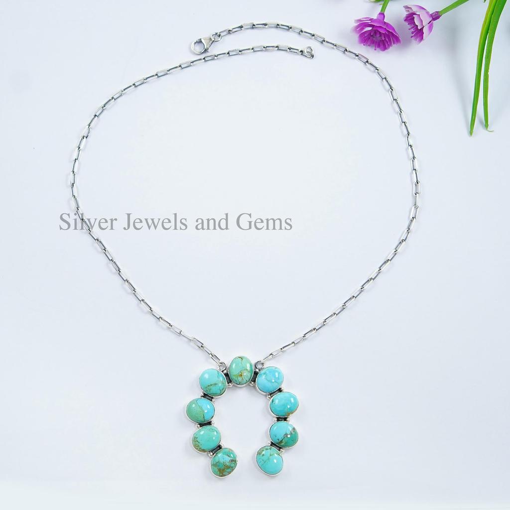 Arizona Turquoise Squash Blossom Necklace, 925 Sterling Silver Paper Clip Chain