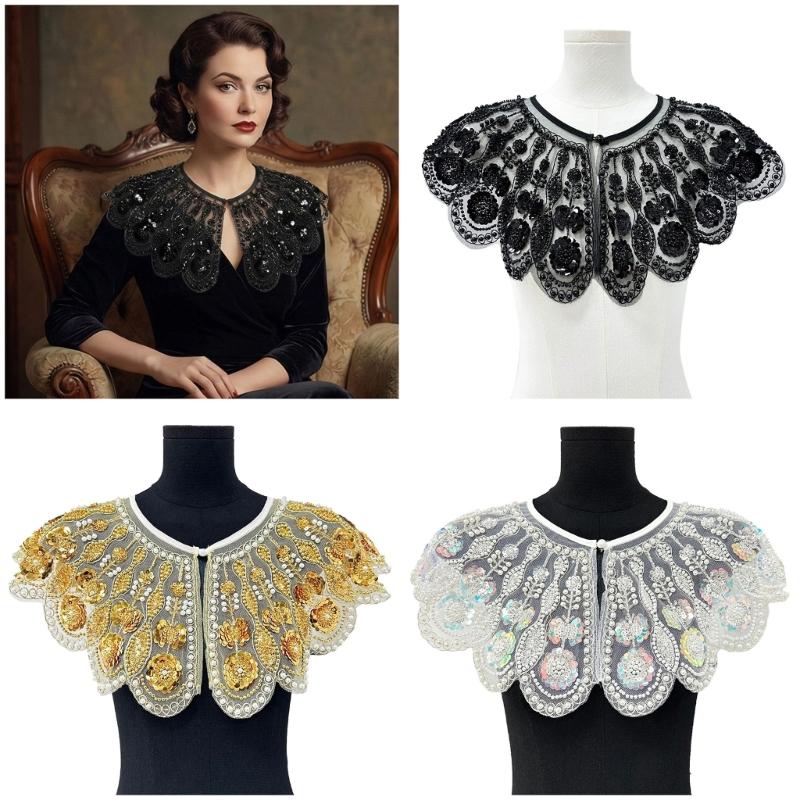 Elegant Embroidered Beaded Mesh Collar Detachable Shawl Scarf Stylish False Collar For Women Fashion Accessory