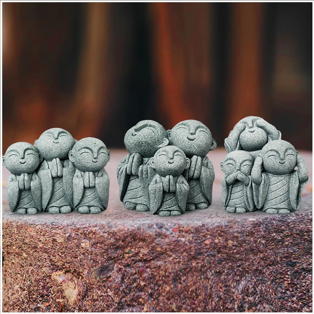 

YUYAKESHI Jizo Figurine, Healing Prayer, Jizo, Monk, Guardian Deity, Cute Blue Sandstone, Wishes, Mini, Auspicious, God and Buddha Statue Set (Set C