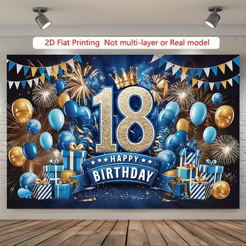 2D Ploché Tištěný Banner k 18. Narozeninám, Námořnicky Modrý & Zlatý Téma Photo Backdrop pro Kluky