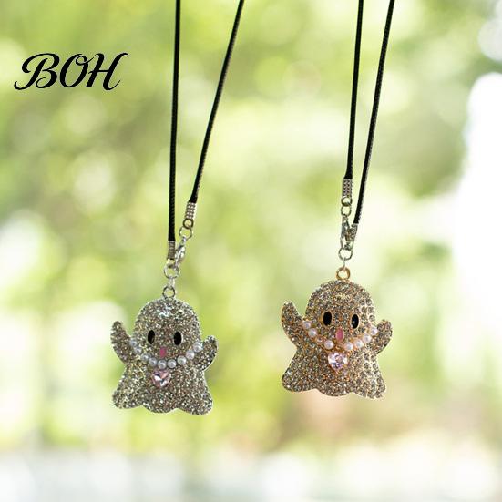 Sparkling Rhinestone Car Charm Halloween Ghost Bling Hanging Accessories, Faux Crystal Rear Decorations for View Mirror Charm, Auto Interior