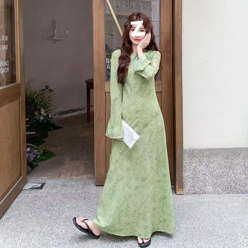 Premium Light Green Retro Dress Women's Early Spring and Autumn Print Super Long To the Ankle a Word Long Dress