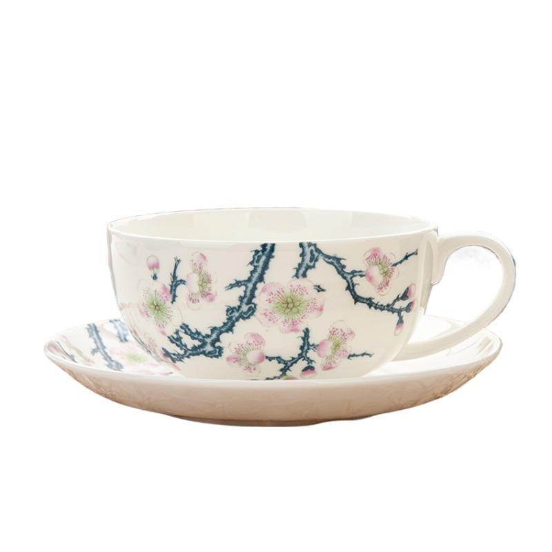 Kávový šálek s podšálkem z jemného kostního porcelánu s motivem kvetoucí švestky 300ml, barevné květiny, porcelánový čajový šálek s podšálkem