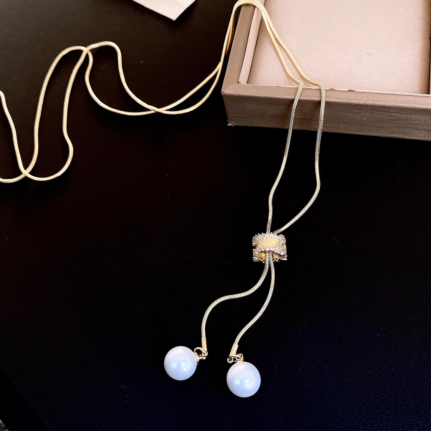 French cold wind round zircon fringed pearl necklace women s simple sweater chain necklace