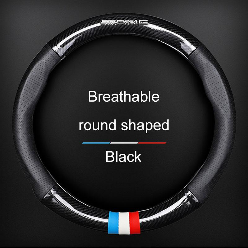 1Pcs Leather Carbon Fiber Car Steering Wheel Cover Emblem For Mercedes Benz AMG W212 W205 W246 W177 W176 W213 GLC GLE GLS ML Welcome Laser Projection