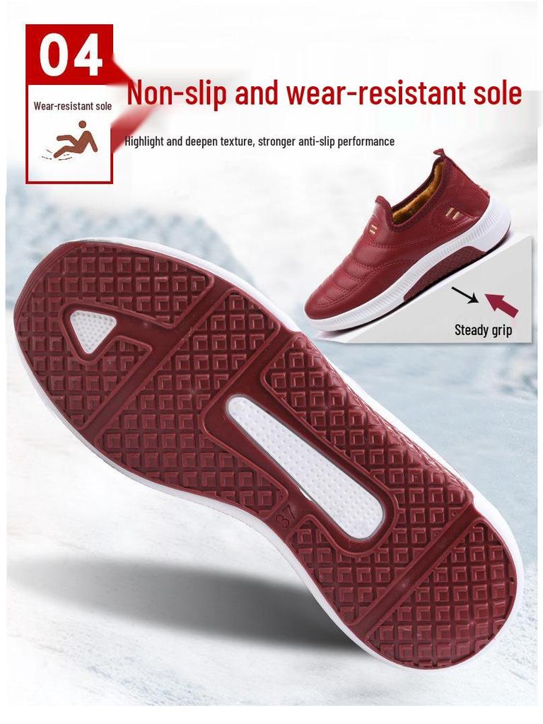 Leather Women's Waterproof Cotton Shoes - Winter Plush Warm Flat Slip-On Boots