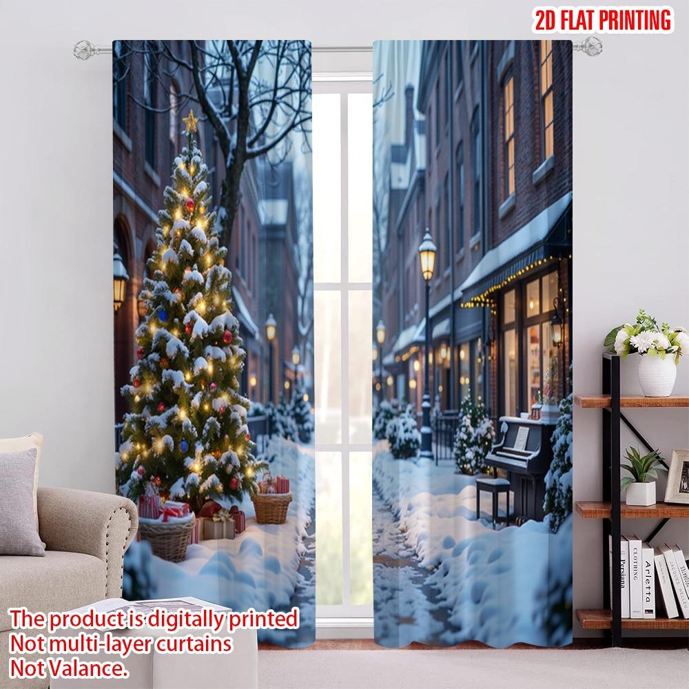 

Set Of 2 Flat Printing Merry Christmas Popular Window Drapes Day Toys Street View Snow Scenery Polyester Without Curtain W100*H70(CM)-Hooks&1PCS
