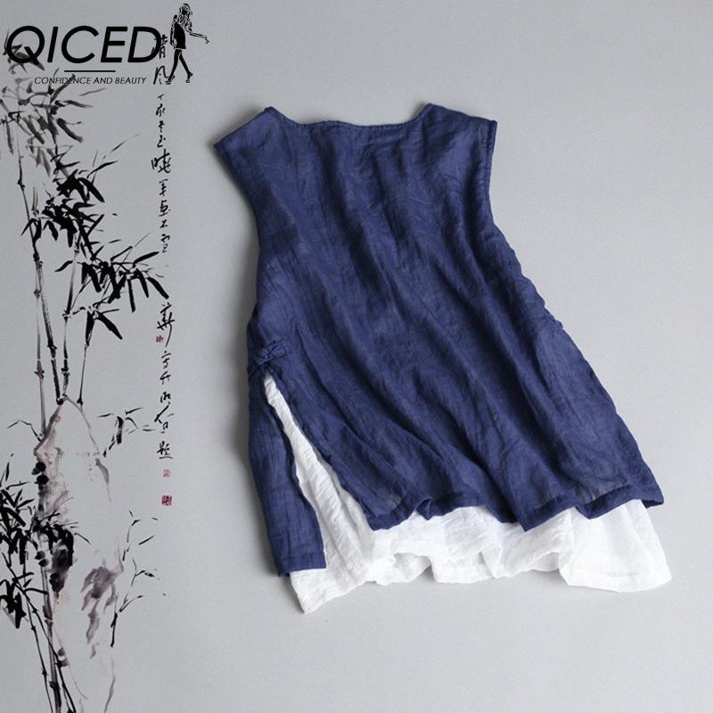 

QICED Женские модные повседневные блузки и рубашки без рукавов с принтом однотонного цвета и круглым вырезом XXL синий