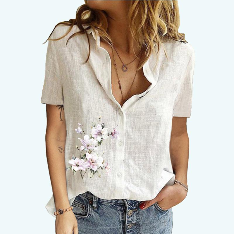 

Женские блузки с лацканами и принтом, летняя и осенняя футболка с короткими рукавами, женский хлопковый льняной топ, модная футболка-кардиган S белый