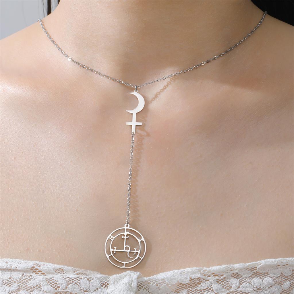  Mythical Goddess Sigil of Lilith Necklaces Stainless Steel Crescent Moon Cross Pendant Necklace Solomon Amulet Jewelry