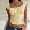Summer new European and American retro square collar fashion pleated waist short Spice Girl top women