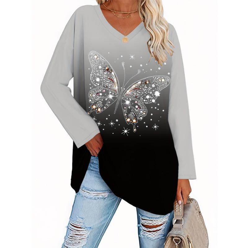 Fashion Women's Basic V-Neck Long Sleeve Butterfly Printed Polyester Relaxed Fit Tees Shirt Spring Fall Casual Comfort Tops