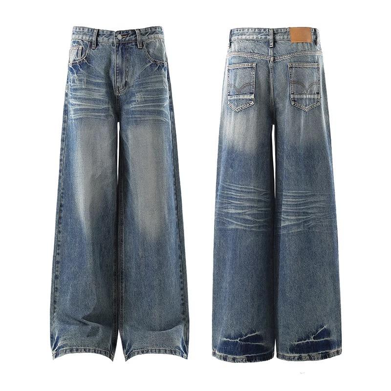 Women's Retro Distressed Hip Hop Jeans with Pleated Lightning Pattern - Loose, Slimming, and Versatile Wide-Leg Pants