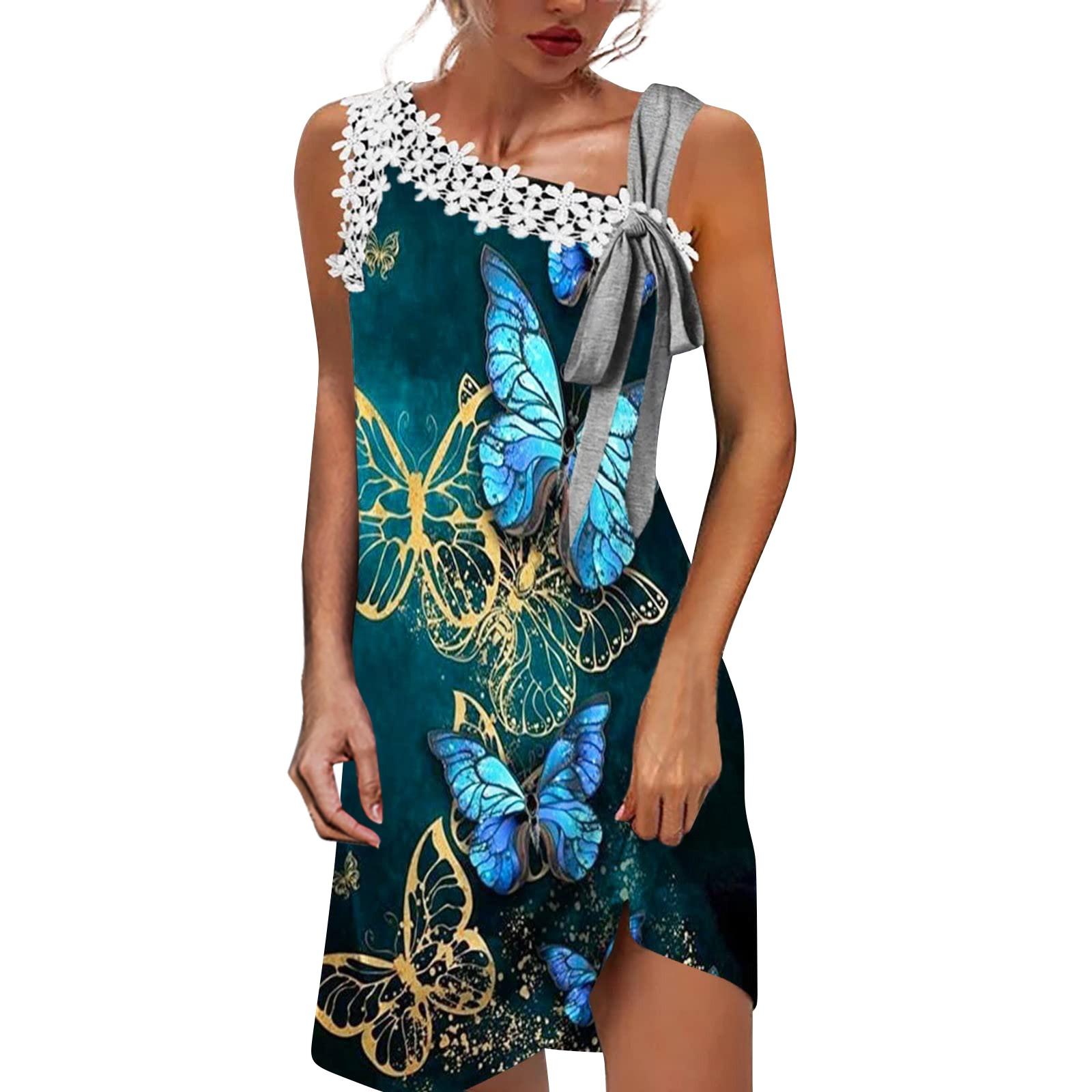 

(SU)Модное женское летнее свободное кружевное шитье на одно плечо без рукавов с принтом тонкое платье