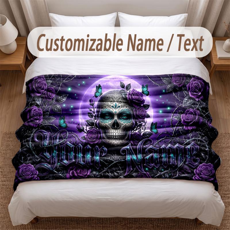 Skull Gothic Theme Soft Blanket Personalized Custom Name Text Print Warm Blanket Home Sofa Bedroom Decor