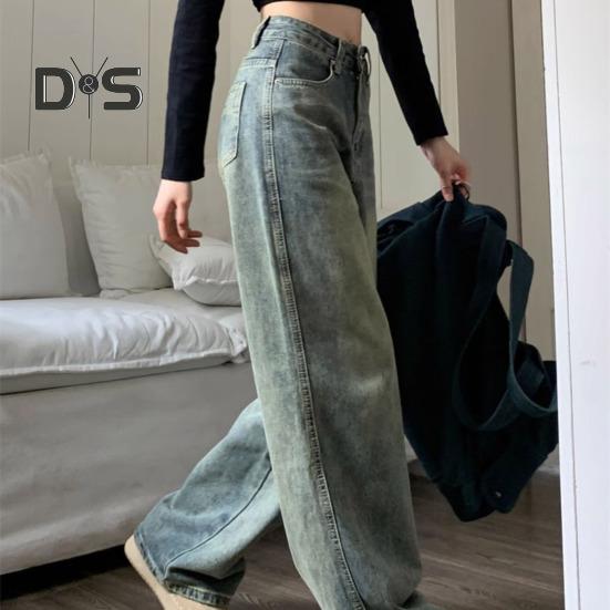 Jeans da donna Vita alta Chiusura con bottoni con cerniera Tinta unita Gamba larga ampia Lunghezza del pavimento Tasche dritte effetto invecchiato Pantaloni denim colorfast morbidi da donna