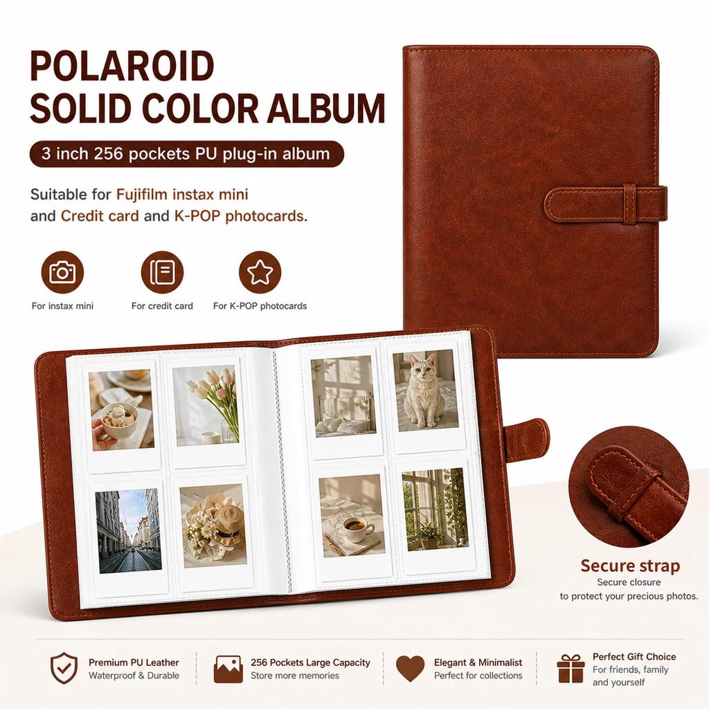 Album Polaroid 256 Foto, 3 Pollici - Copertina in Ecopelle PU, Adatto per Pellicole Fujifilm Instax Mini, Cartoline, Biglietti - Colori Multipli