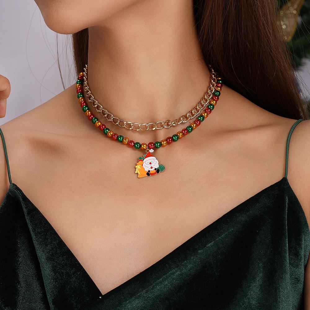 Elegantes Perlen-Quasten-Halskettenset mit Weihnachtsmann und Weihnachtsbaum